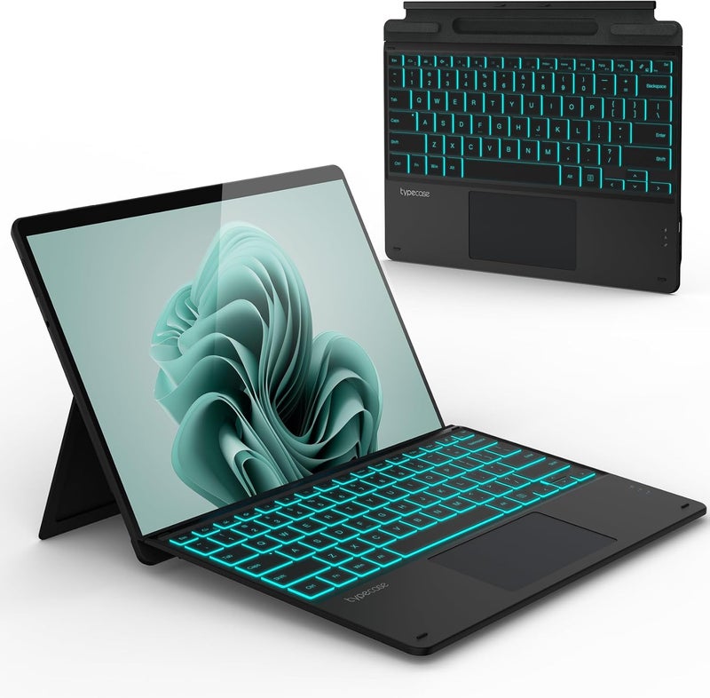typecase لوحة مفاتيح Surface Pro 9، متوافقة مع Surface Pro 11 10 9 8 X، لوحة مفاتيح لاسلكية بحجم 13 بوصة مع إضاءة خلفية بـ 11 لون وحامل قلم - أسود غير لامع - Image 1